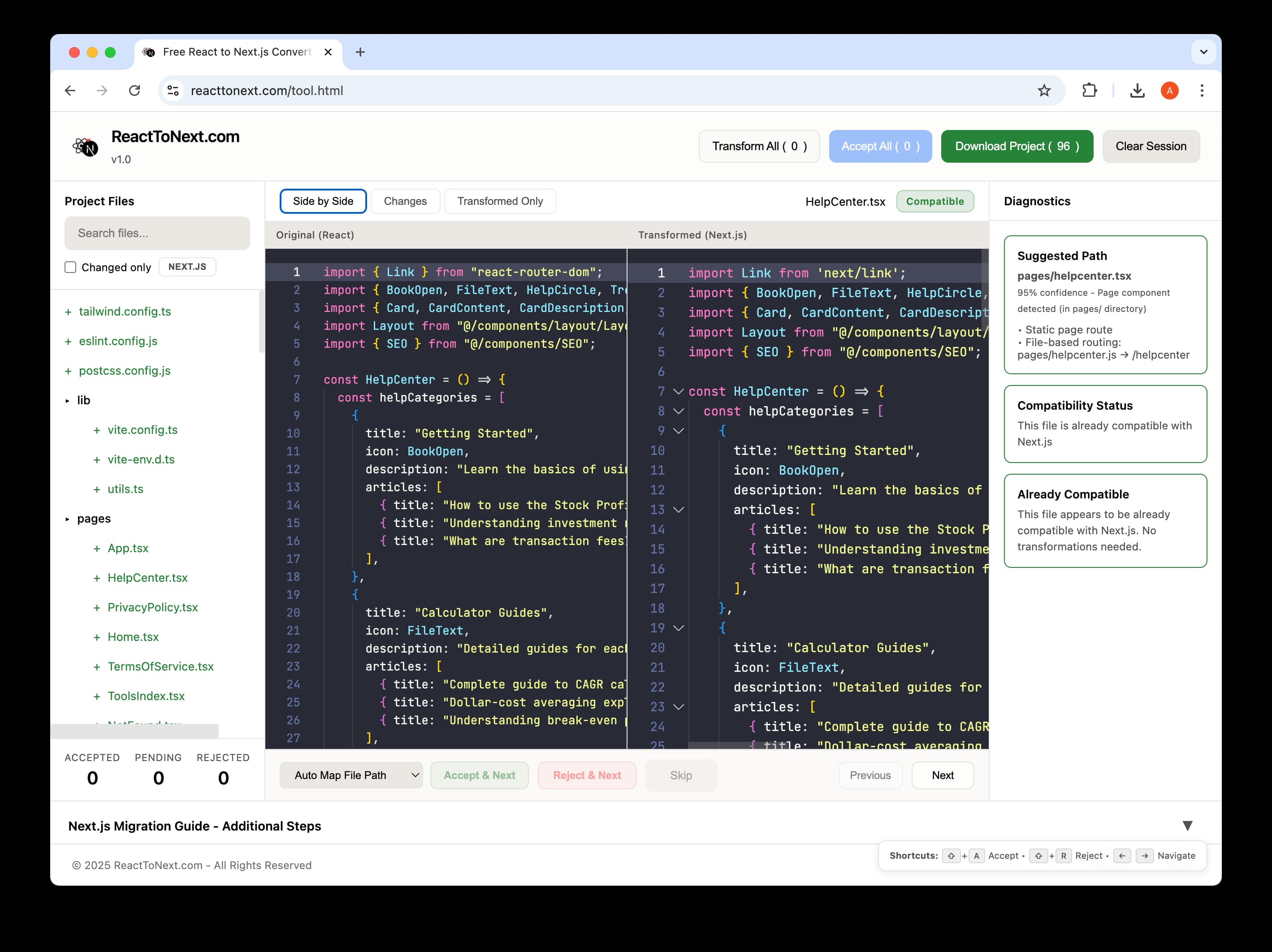 React to Next.js converter tool showing side-by-side code comparison and file structure mapping